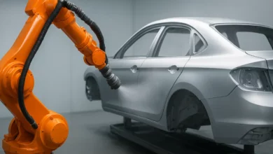 Robot arms painting car body.