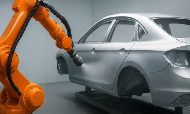 Robot arms painting car body.