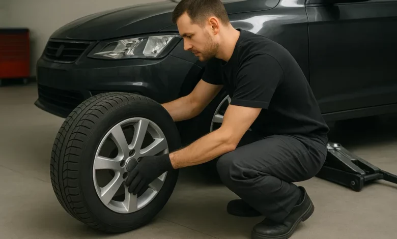 Tire being replaced in workshop.