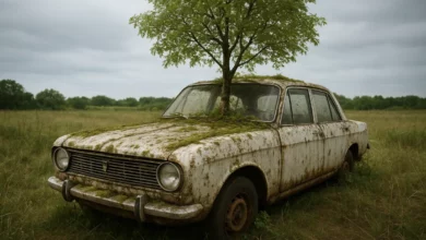 Abandoned car with tree growth.