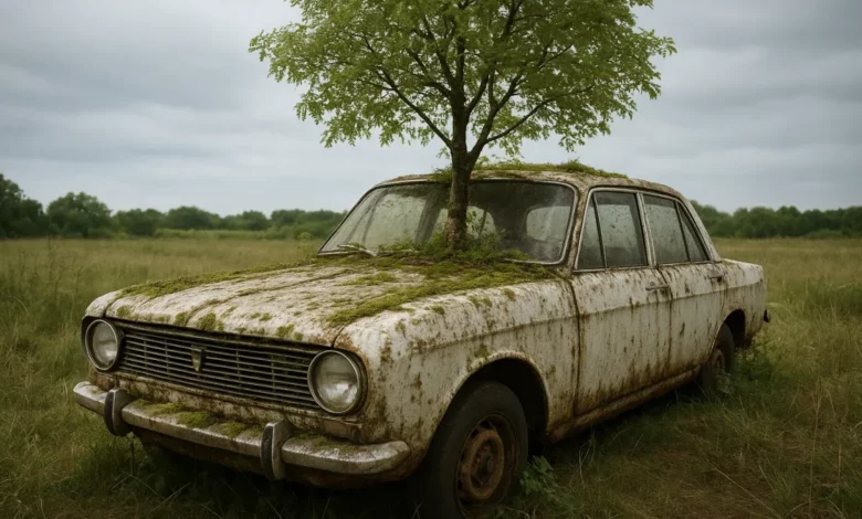 Abandoned car with tree growth.
