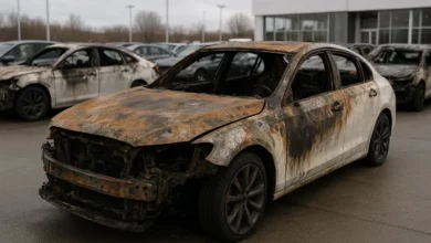 burned cars in auto dealership