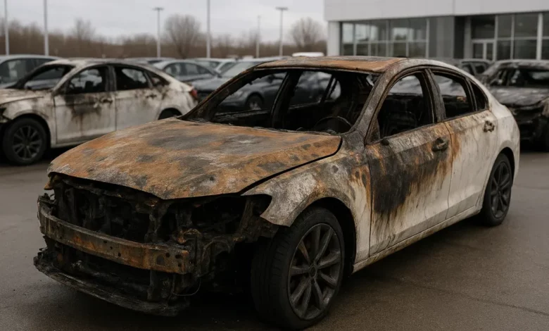 burned cars in auto dealership