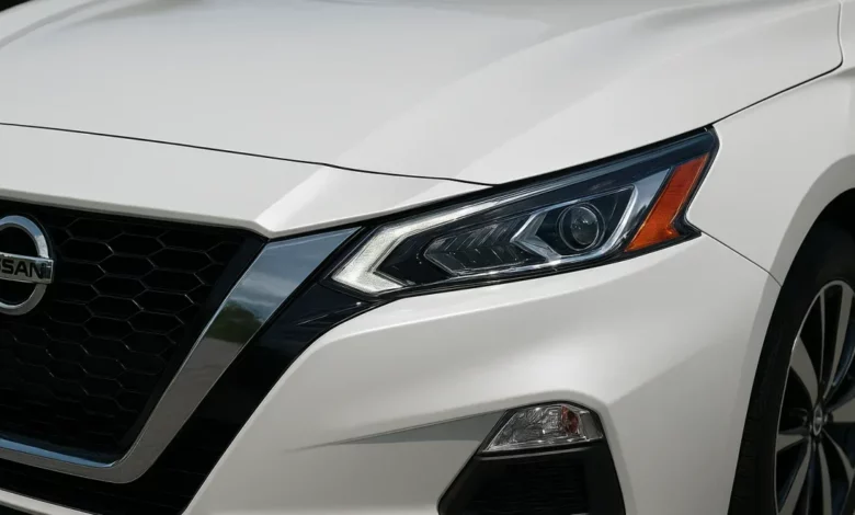 Nissan vehicle front headlight detail.