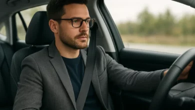 Driver wearing glasses inside car.