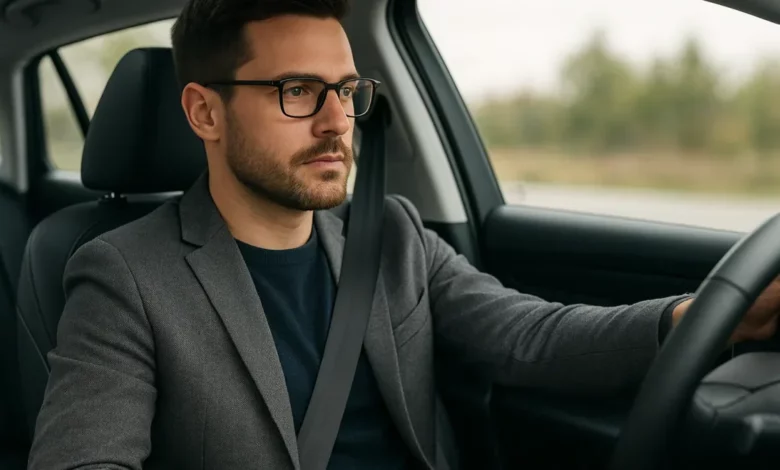 Driver wearing glasses inside car.