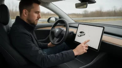 Tesla Model 3 interior, driver interacting.