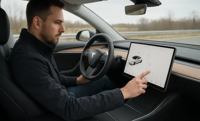 Tesla Model 3 interior, driver interacting.
