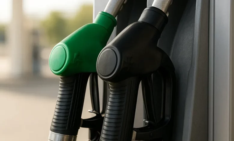 The image features a close-up of a fuel pump at a gas station, focusing on two nozzles, one with a green handle and another with a black handle. The nozzles are positioned prominently on the right side of the frame, while the background remains blurred, hinting at a bright, well-lit environment typical of a gas station. The lighting is soft and natural, enhancing the colors of the nozzles, which contrast with the metallic surface of the pump. The overall mood is functional and commercial, cap…