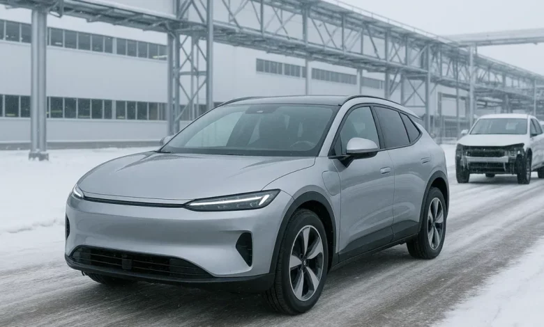 Electric vehicle manufacturing factory in winter.