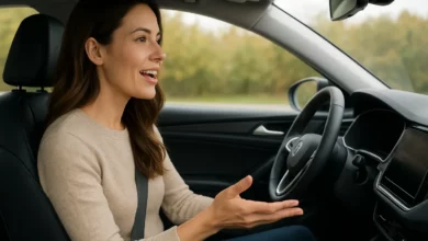 Car interior with woman talking.