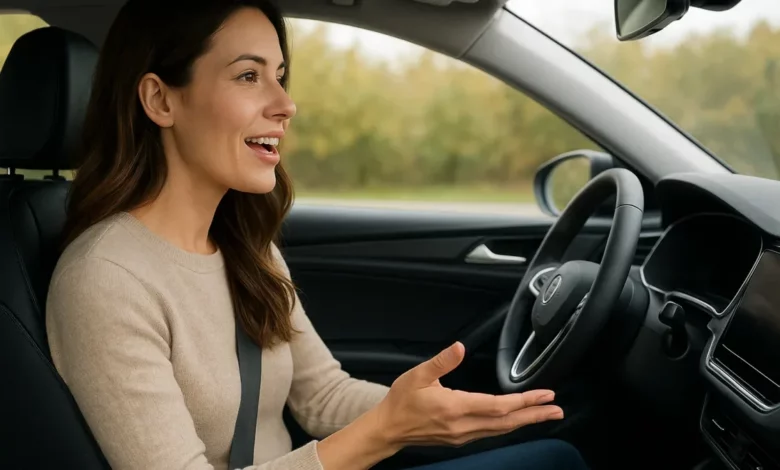 Car interior with woman talking.