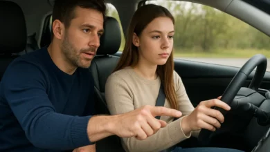 The image depicts a close-up interior view of a car with a man instructing a woman who is driving.