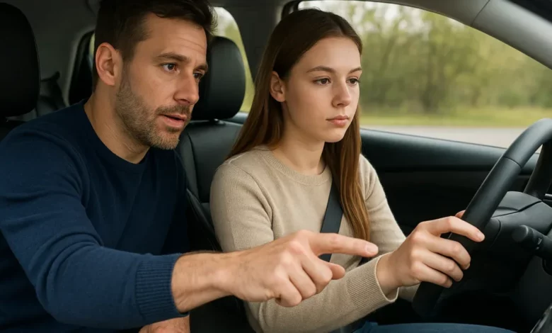 The image depicts a close-up interior view of a car with a man instructing a woman who is driving.