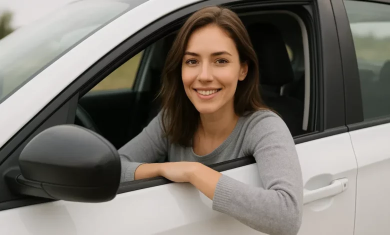 The image features a young woman sitting inside a car, partially leaning out of the driver’s side window.