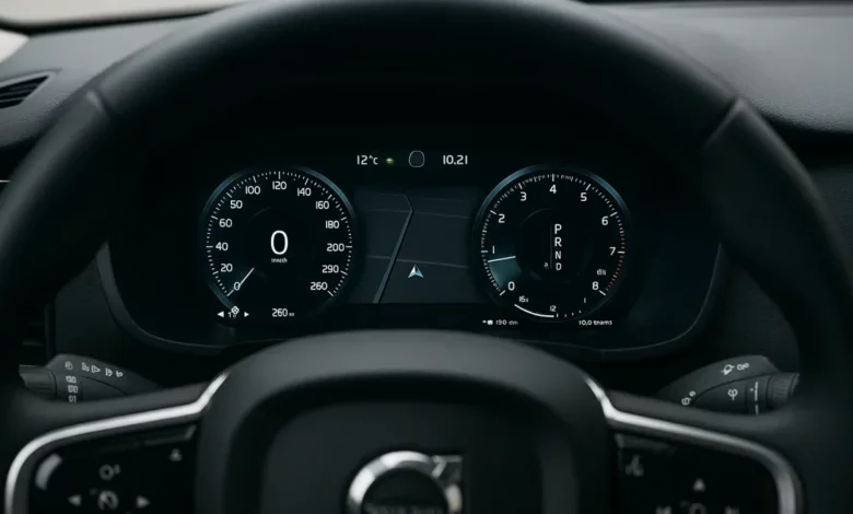 The image shows a close-up view of a vehicle's dashboard featuring a sophisticated digital instrument cluster.