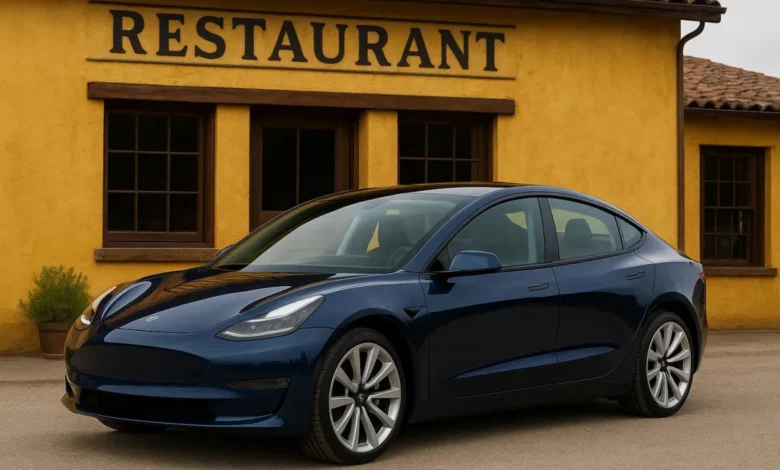 In the image, a sleek, modern electric vehicle is parked in front of a rustic restaurant with a yellow exterior.