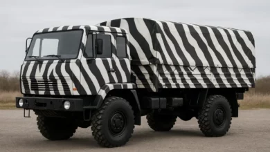 На зображенні представлена військова вантажівка в чорно-білому «зеброкамуфляжі».