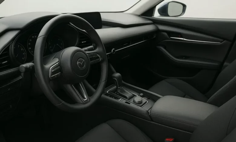 The image depicts the interior of a car, focusing on the driver's side.