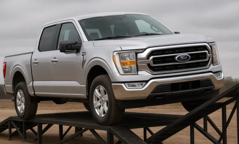 The image features a pickup truck positioned on an inclined metal ramp, facing slightly towards the right.