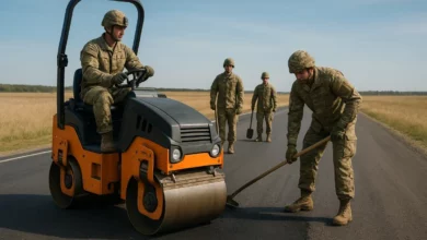 На зображенні видно групу військових, які працюють на дорозі, що простягається вперед на фоні відкритих полів.