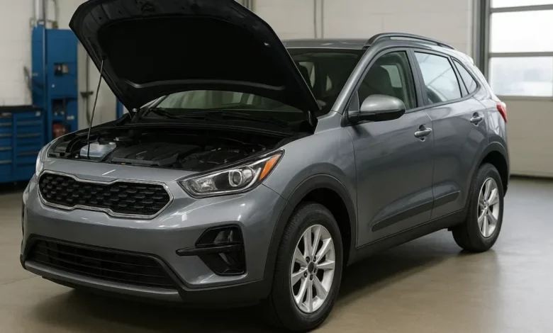 The image depicts a gray compact SUV with its hood raised, positioned in a workshop environment.