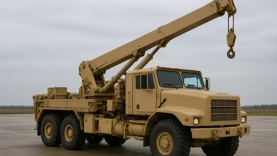 The image features a military recovery vehicle positioned at an angle, showcasing its distinct crane arm raised prominently.
