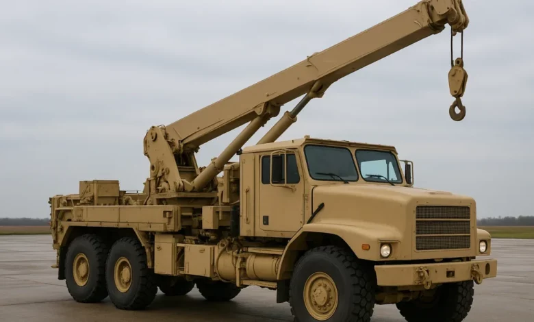 The image features a military recovery vehicle positioned at an angle, showcasing its distinct crane arm raised prominently.