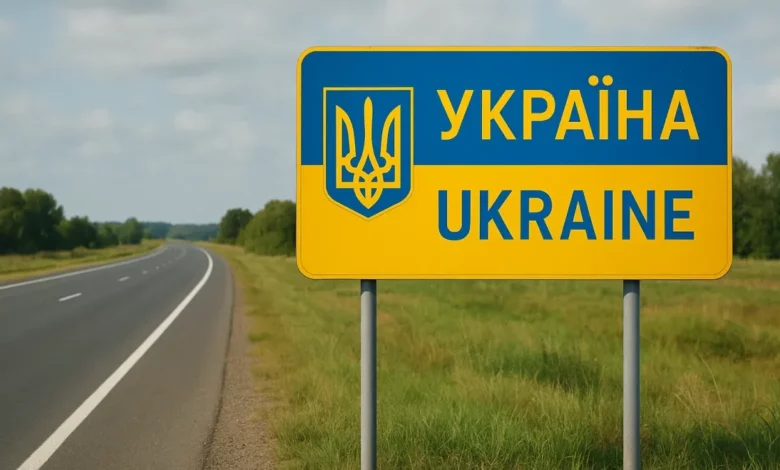 The image features a road sign indicating the entrance to Ukraine, prominently displaying the words "УКРАЇНА" and "UKRAINE."…