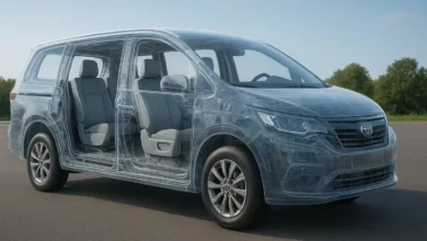 На зображенні представлений мікроавтобус із прозорою структурою, що демонструє внутрішній простір.