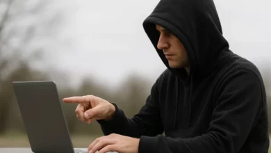 The image depicts a person in a dark hoodie, pointing at a laptop with their right hand.