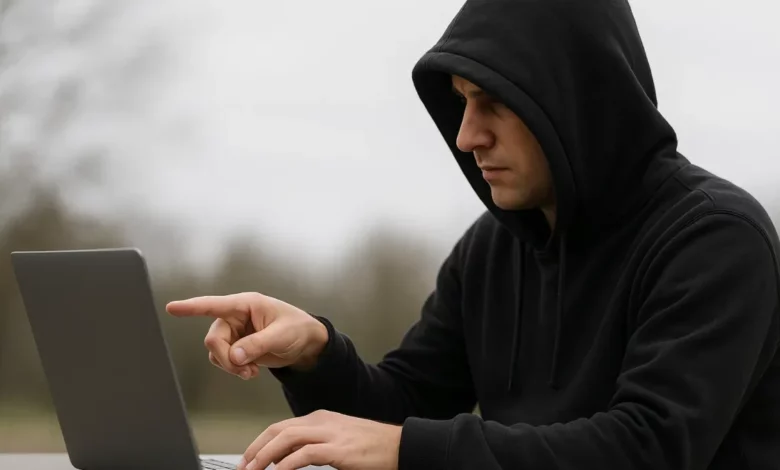The image depicts a person in a dark hoodie, pointing at a laptop with their right hand.