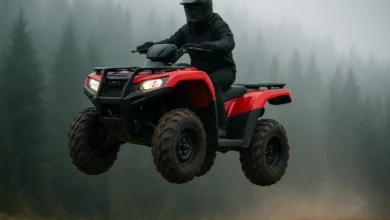 На зображенні видно квадроцикл, який стрибає в повітрі на фоні лісу з туманом.