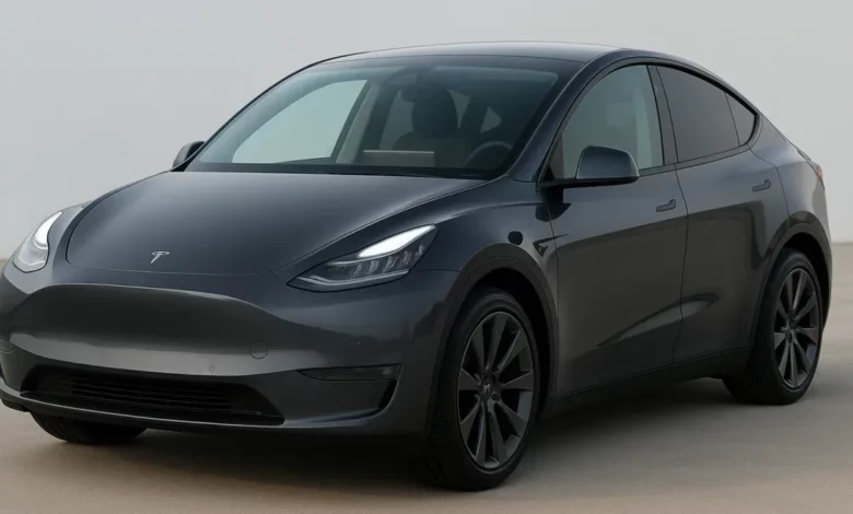 The image displays a digital interface featuring a modern electric vehicle, depicted in a sleek, dark color against a light…
