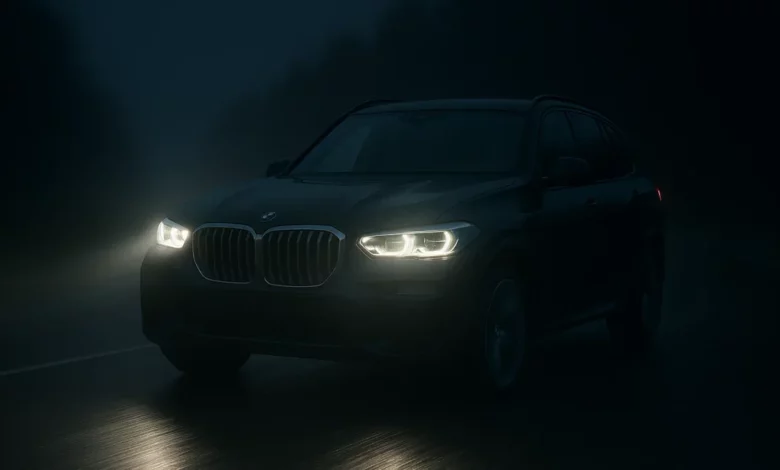 The image portrays a dimly lit night road illuminated by bright headlights from a vehicle approaching from the distance.