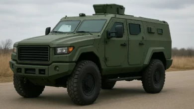 На зображенні зображено броньований автомобіль військового типу, який займає центральну позицію в кадрі.
