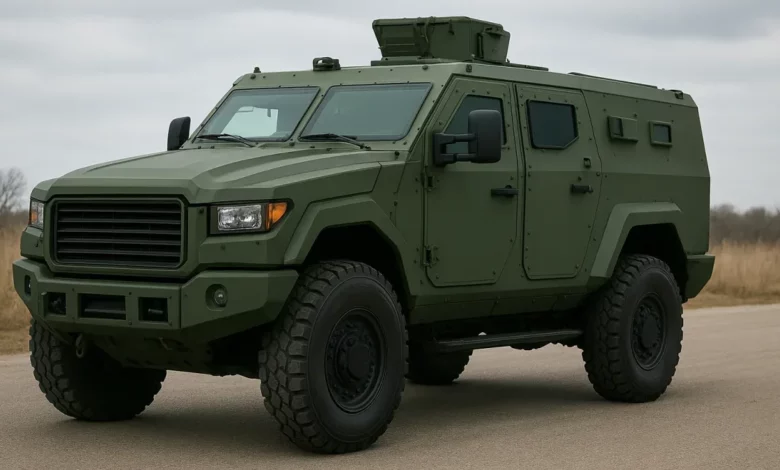 На зображенні зображено броньований автомобіль військового типу, який займає центральну позицію в кадрі.