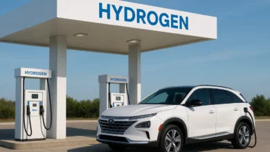The image features a hydrogen refueling station, prominently displayed with two fuel pumps under a large canopy.