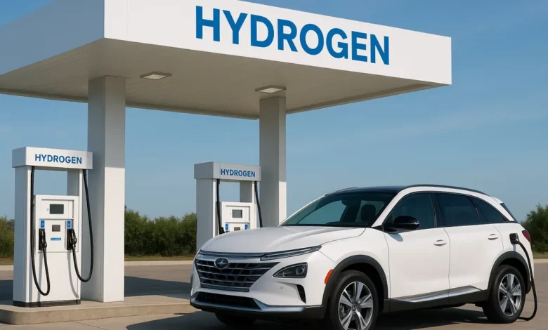 The image features a hydrogen refueling station, prominently displayed with two fuel pumps under a large canopy.