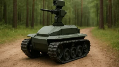 На зображенні представлений гусеничний роботизований комплекс, що розташований на грунтовій дорозі в природному середовищі,…