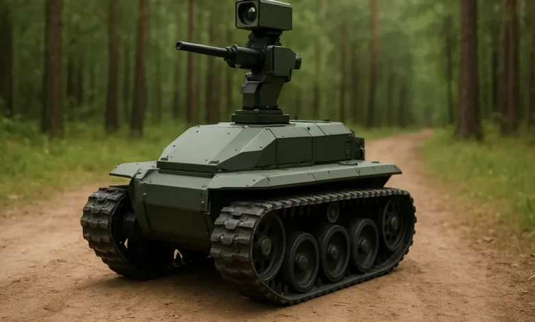 На зображенні представлений гусеничний роботизований комплекс, що розташований на грунтовій дорозі в природному середовищі,…