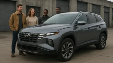 The image depicts a group of individuals gathered in an industrial setting, showcasing a new vehicle model positioned promin…