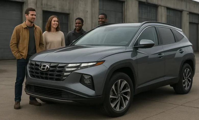 The image depicts a group of individuals gathered in an industrial setting, showcasing a new vehicle model positioned promin…