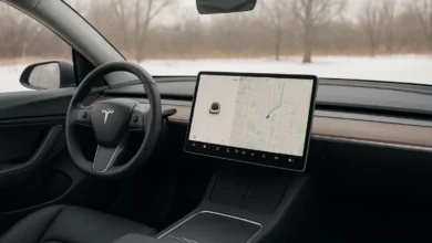 На зображенні видно інтер'єр автономного автомобіля, з розгорнутим інтерфейсом на великому екрані, розташованому на передній…