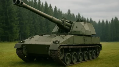 На зображенні зображена самохідна гаубиця, встановлена на шасі з гусеничним приводом, що знаходиться на лісовій галявині.