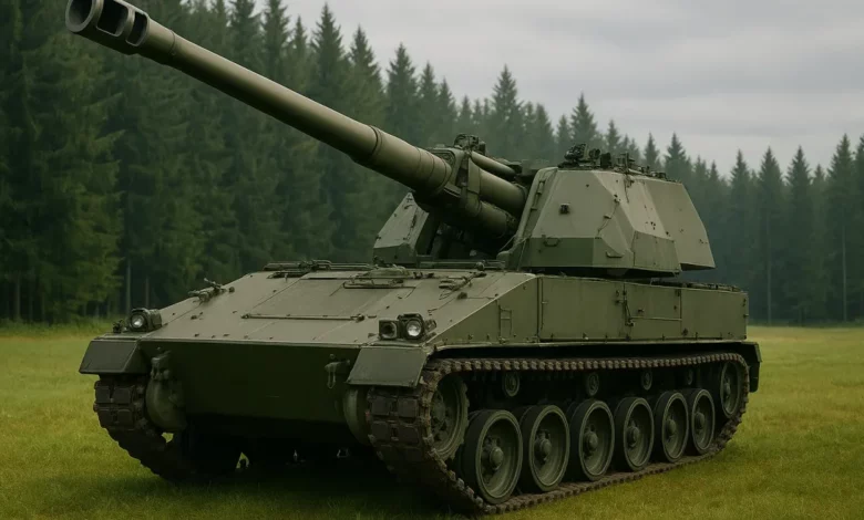 На зображенні зображена самохідна гаубиця, встановлена на шасі з гусеничним приводом, що знаходиться на лісовій галявині.