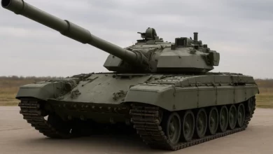 Зображення танка з потужною баштою та великим гарматним стволом, розташоване під кутом, щоб підкреслити його агресивний вигл…