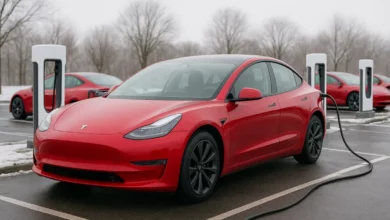 На зображенні видно кілька електричних автомобілів, переважно червоного кольору, що заряджаються на зарядних станціях.