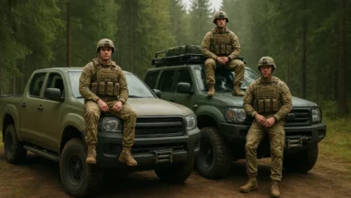 На зображенні група людей у військовій формі стоїть і сидить на модифікованих автомобілях, розташованих у лісистій місцевост…
