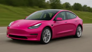 The image features a sleek electric sedan, predominantly in vibrant pink, positioned slightly to the right and in motion alo…